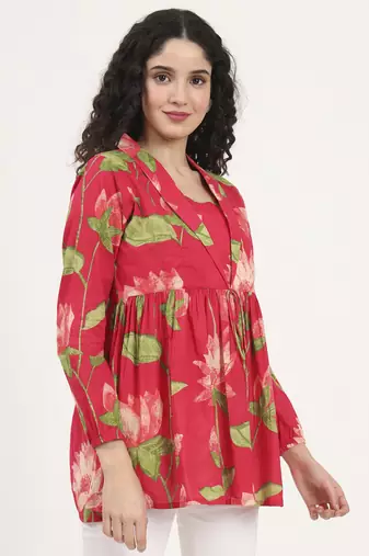Divena green floral printed cotton lepal neck peplum top