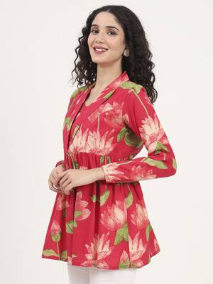 Divena green floral printed cotton lepal neck peplum top 4