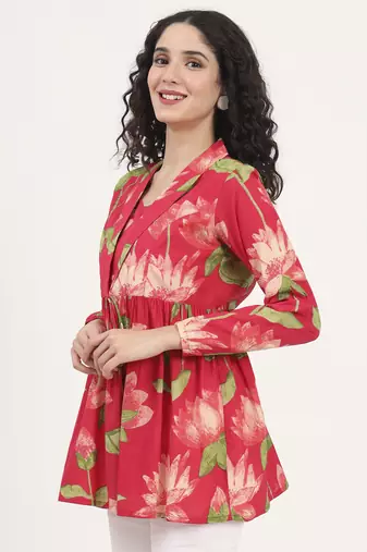 Divena green floral printed cotton lepal neck peplum top