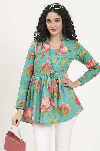 Divena red floral printed cotton lepal neck peplum top
