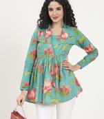 Divena red floral printed cotton lepal neck peplum top