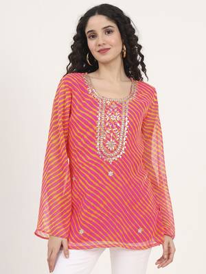Divena pink leheriya gotta patti work geogratte round neck top 1