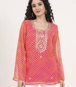 Divena pink leheriya gotta patti work geogratte round neck top