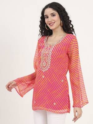 Divena pink leheriya gotta patti work geogratte round neck top 4