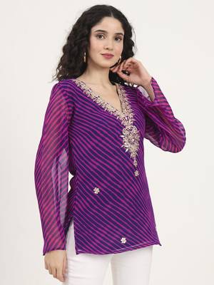 Divena purple leheriya gotta patti work geogratte v neck top 3