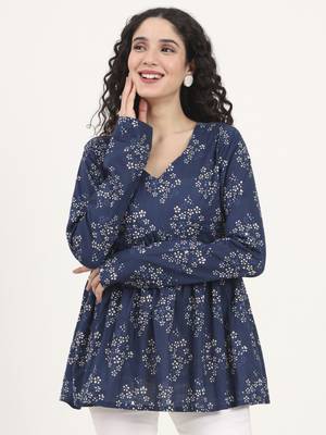 Divena blue floral printed v neck cotton top 1