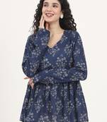 Divena blue floral printed v neck cotton top