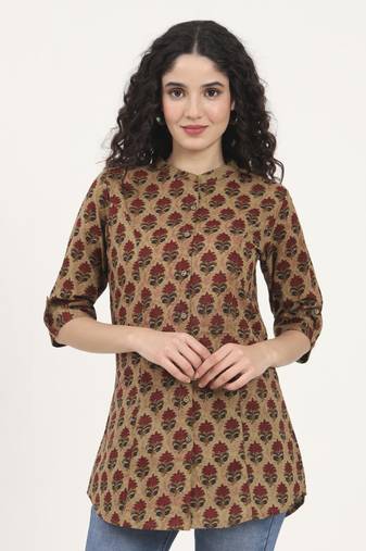Divena brown floral printed cotton top
