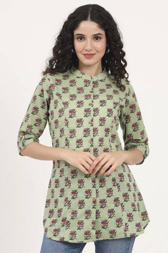 Divena green floral printed cotton top