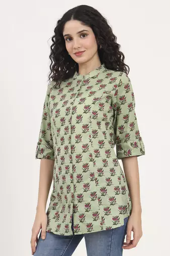 Divena green floral printed cotton top