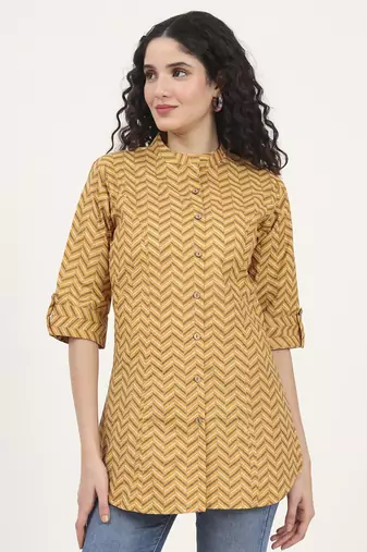 Divena yellow zigzag printed cotton top
