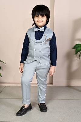 silver grey cotton blend double breasted solid 3 piece party suit set with bowtie 1