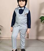 silver grey cotton blend double breasted solid 3 piece party suit set with bowtie