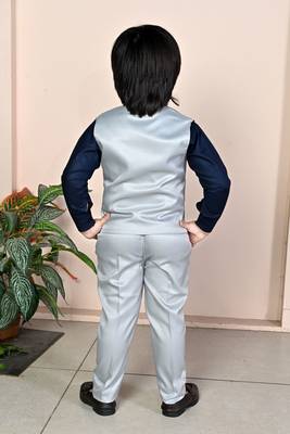 silver grey cotton blend double breasted solid 3 piece party suit set with bowtie 2
