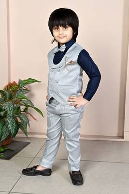 silver grey cotton blend double breasted solid 3 piece party suit set with bowtie 3