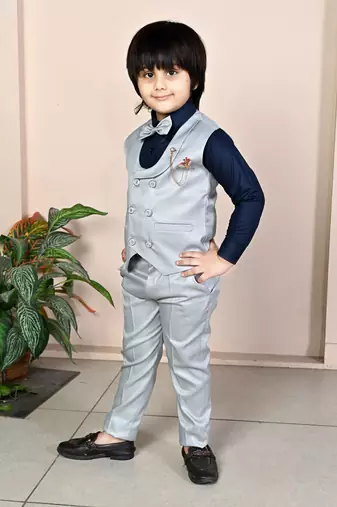 silver grey cotton blend double breasted solid 3 piece party suit set with bowtie