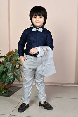 silver grey cotton blend double breasted solid 3 piece party suit set with bowtie 4