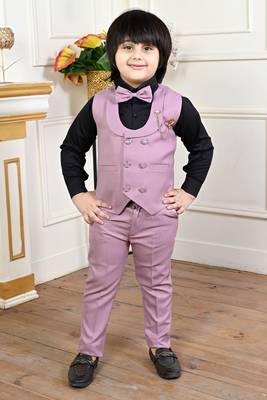lavender cotton blend double breasted solid 3 piece party suit set with bowtie 1