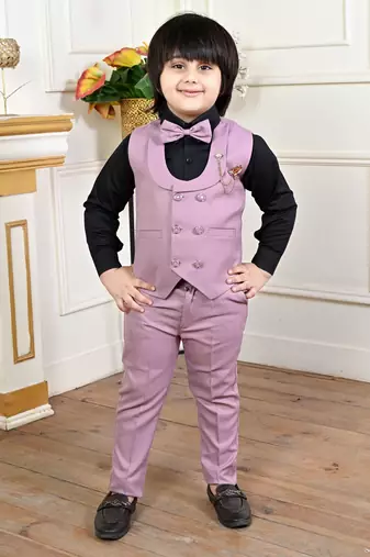 lavender cotton blend double breasted solid 3 piece party suit set with bowtie