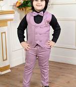 lavender cotton blend double breasted solid 3 piece party suit set with bowtie