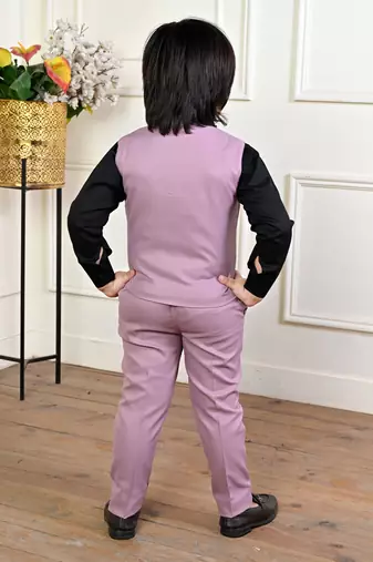 lavender cotton blend double breasted solid 3 piece party suit set with bowtie