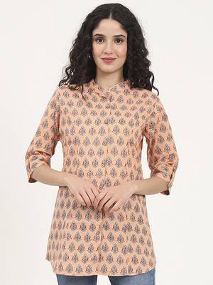 Divena light orange floral printed cotton top 1