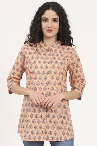 Divena light orange floral printed cotton top