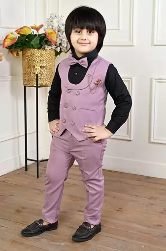 lavender cotton blend double breasted solid 3 piece party suit set with bowtie