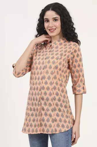 Divena light orange floral printed cotton top