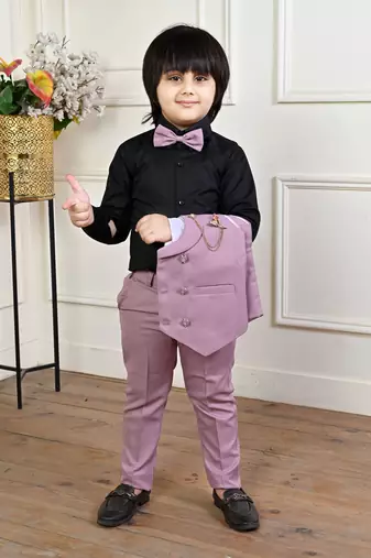 lavender cotton blend double breasted solid 3 piece party suit set with bowtie