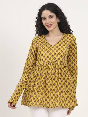 Divena yellow floral printed v neck cotton top 1