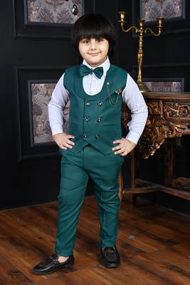 teal blue cotton blend double breasted solid 3 piece party suit set with bowtie 1