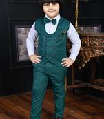 teal blue cotton blend double breasted solid 3 piece party suit set with bowtie