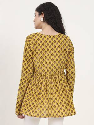 Divena yellow floral printed v neck cotton top 2