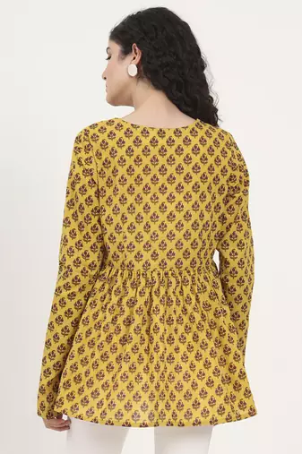 Divena yellow floral printed v neck cotton top