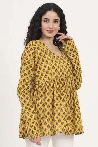 Divena yellow floral printed v neck cotton top