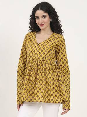 Divena yellow floral printed v neck cotton top 4