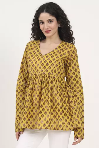 Divena yellow floral printed v neck cotton top
