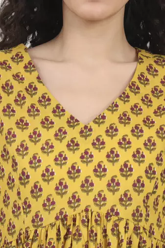 Divena yellow floral printed v neck cotton top