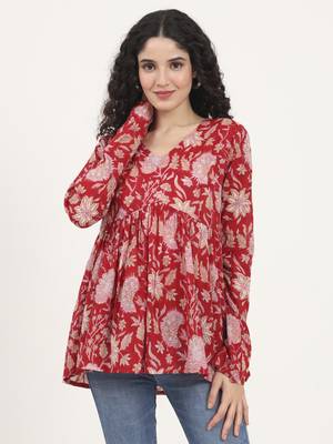 Divena red floral printed v neck cotton top 1