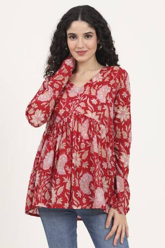Divena red floral printed v neck cotton top