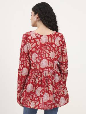 Divena red floral printed v neck cotton top 2