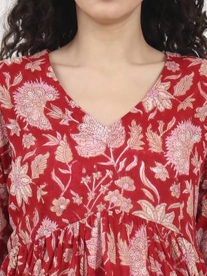 Divena red floral printed v neck cotton top 5