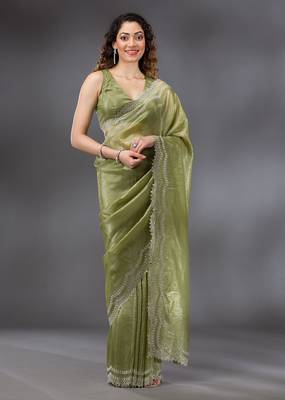 Mehendi Tussar Silk Swarovski Work Saree with Unstitched Blouse Piece 1