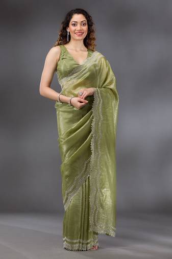 Mehendi Tussar Silk Swarovski Work Saree with Unstitched Blouse Piece
