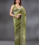 Mehendi Tussar Silk Swarovski Work Saree with Unstitched Blouse Piece