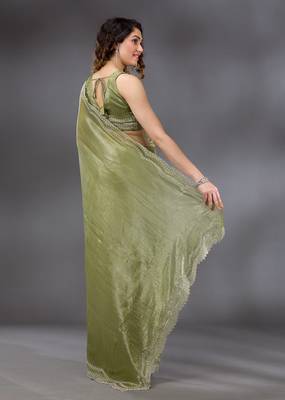 Mehendi Tussar Silk Swarovski Work Saree with Unstitched Blouse Piece 2