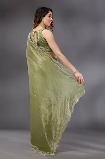 Trendmalls Mehendi Tussar Silk Swarovski Work Saree with Unstitched Blouse Piece