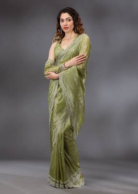 Mehendi Tussar Silk Swarovski Work Saree with Unstitched Blouse Piece 3