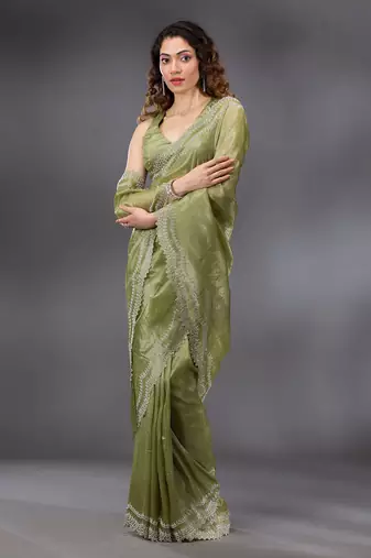 Trendmalls Mehendi Tussar Silk Swarovski Work Saree with Unstitched Blouse Piece